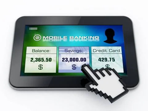 Mobile banking interface screen on tablet computer and hand cursor. 3D ill... Foto stock