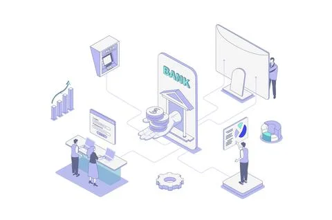 Mobile banking isometric concept in outline isometry design for web. People u Stock Illustration