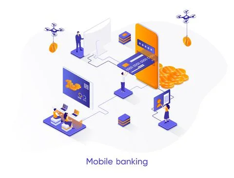 Mobile banking isometric web banner. Illustrazione stock