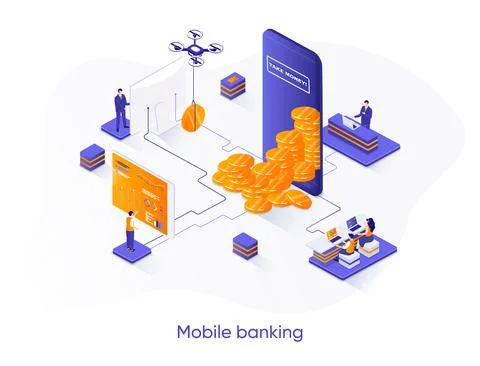 Mobile banking isometric web banner. Stock Illustration