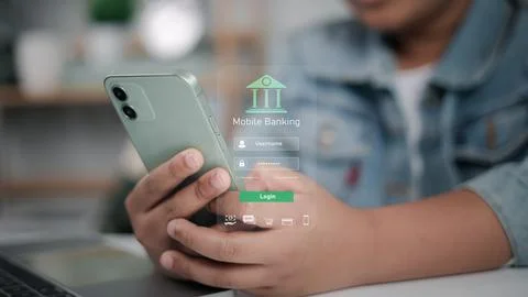 Mobile banking login interface with futuristic holographic design on smartp.. Stock Photos