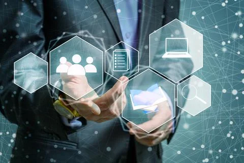 Mobile banking network, online payment, digital marketing. Business people using Stock Photos