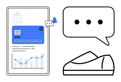 Mobile banking notification interface with charts and sneaker to illustrate.. Illustrazione stock