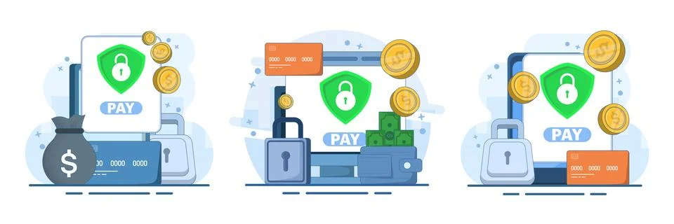 Mobile banking security set featuring digital payments Stock Illustration