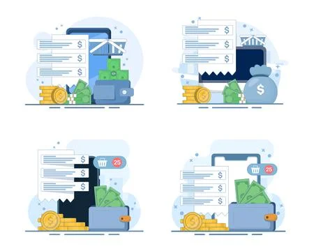 Mobile banking set, digital wallet, money transfer, mobile payment system. Stock Illustration