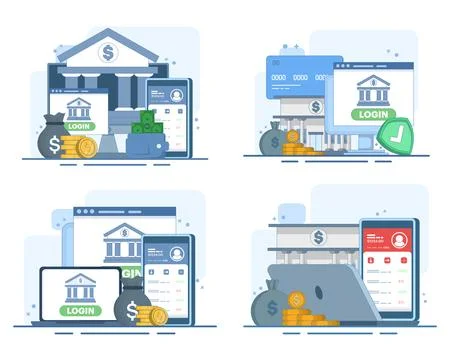 Mobile banking set featuring online account access, digital wallets. Stock Illustration