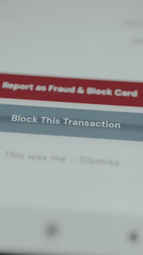 Mobile banking UI with Block This Transaction action selected Stock Footage 333387697