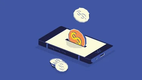 Mobile banking vector flat 3d isometric illustration. Isometric bank application Stock Illustration