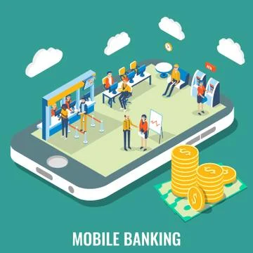 Mobile banking vector flat isometric illustration Stock Illustration