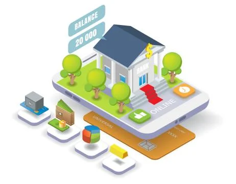 Mobile banking vector isometric illustration. Online bank transactions, money Stock Illustration