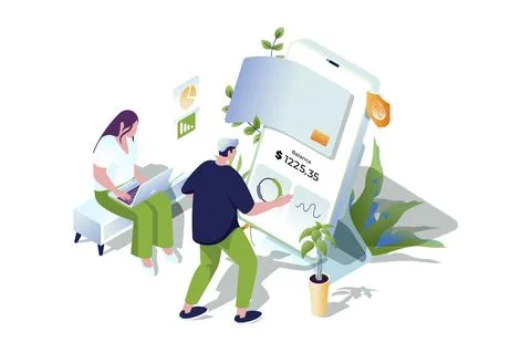 Mobile banking web concept in 3d isometric design. People manage personal fin Stock Photos