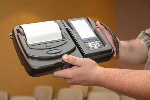 Mobile Bar Code Printer Man Holding Mobile Barcode Printer and Reader Comp... Stock-Fotos