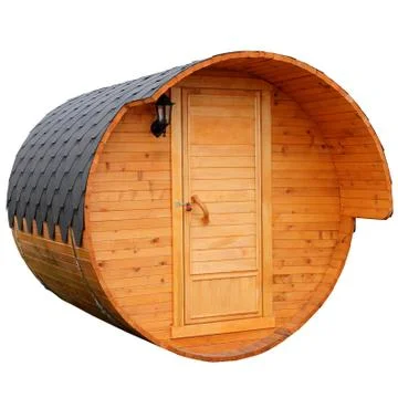 Mobile bath in the form of a barrel covered with wood. Stock Photos