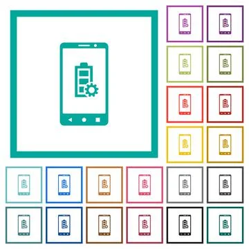 Mobile battery settings flat color icons with quadrant frames Stock Illustration