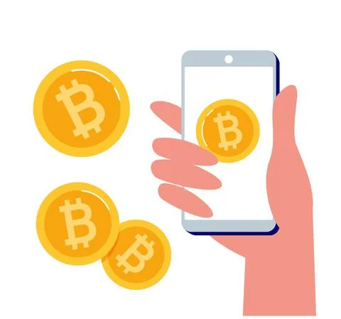 Mobile bitcoin wallet in hand. Blockchain technologies, bitcoins, altcoins Stock Illustration