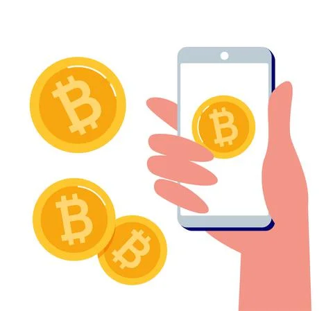 Mobile bitcoin wallet in hand. Blockchain technologies, bitcoins, altcoins Stock Illustration