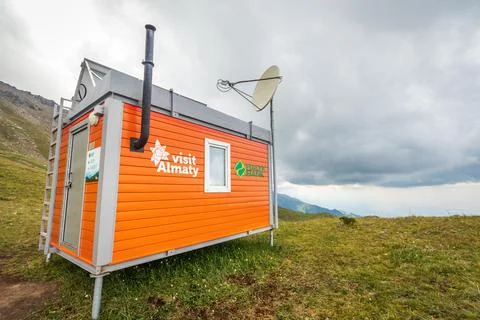 A mobile building of a collapsible type, built on top of the Almaty Mountains Stock Photos