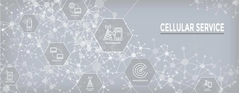 Mobile Cellular Service Web Header Banner w Cellphone Towers and Service area Stock Illustration