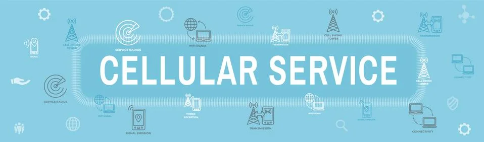 Mobile Cellular Service Web Header Banner w Cellphone Towers and Service area Stock Illustration
