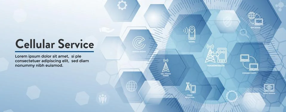 Mobile Cellular Service Web Header Banner w Cellphone Towers and Service area Stock Illustration