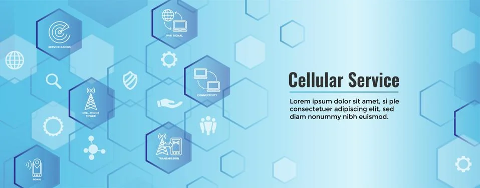 Mobile Cellular Service Web Header Banner w Cellphone Towers and Service area Stock Illustration
