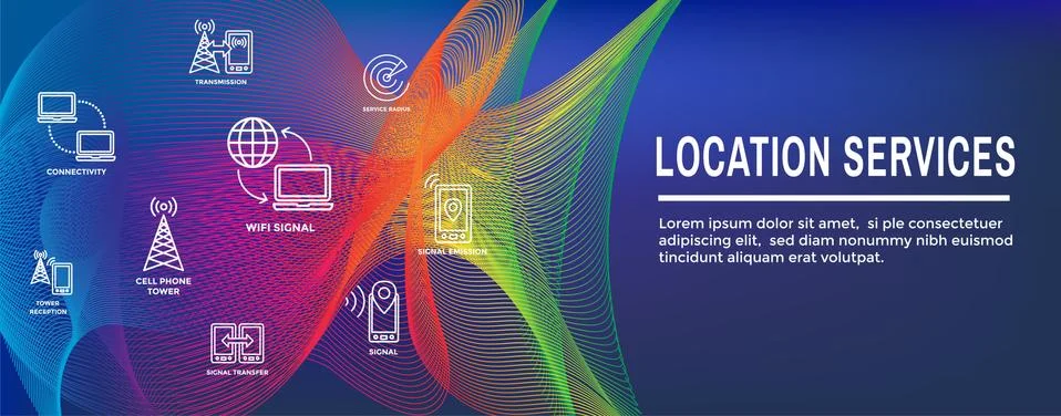 Mobile Cellular Service Web Header Banner w Cellphone Towers and Service area Stock Illustration