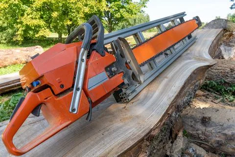 Mobile chainsaw mill with which to cut oak logs on wide boards Stock Photos