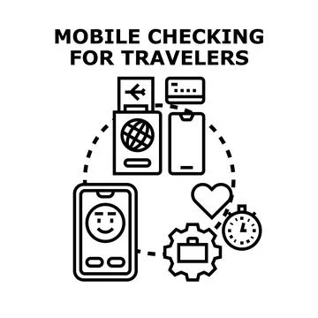 Mobile checking for travelers using digital services Stock Illustration