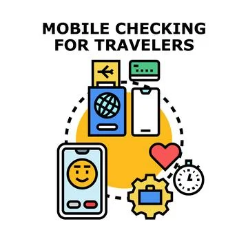 Mobile checking for travelers using digital services Stock Illustration