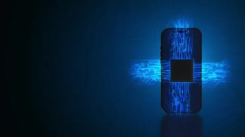 Mobile chip data circuit visual glowing cyan routes crossing a smartphone, dark Stock Footage 340525448