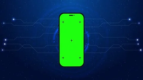 Mobile chroma key interface visual bright green display, tracking crosses, blue Stock Footage 340526866
