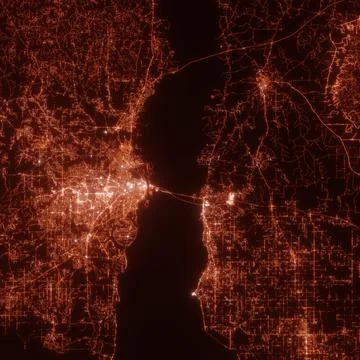 Mobile city lights map, top view from space. Aerial view on night street ligh Stock Photos