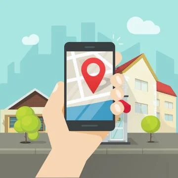 Mobile city map location, smartphone gps navigator town roadmap pin Stock Illustration