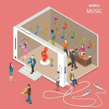 Mobile cloud music service flat isometric vector. Stock Illustration