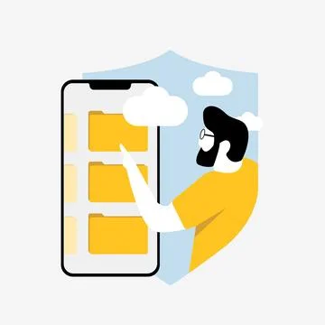 Mobile cloud security illustration showing man accessing folders on smartphone イラスト素材