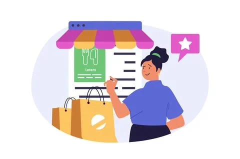 Mobile commerce concept in modern flat design for web. Woman with shopping ba Stock Illustration