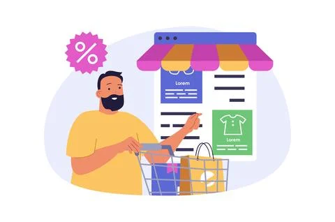 Mobile commerce concept in modern flat design for web. Man making online orde Stock Illustration