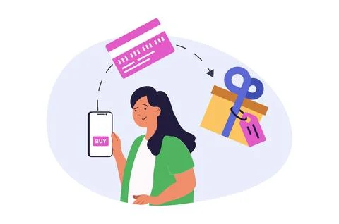 Mobile commerce concept in modern flat design for web. Woman making online pu Stock Illustration