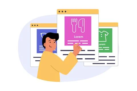 Mobile commerce concept in modern flat design for web. Man choosing food, pro Stock Illustration