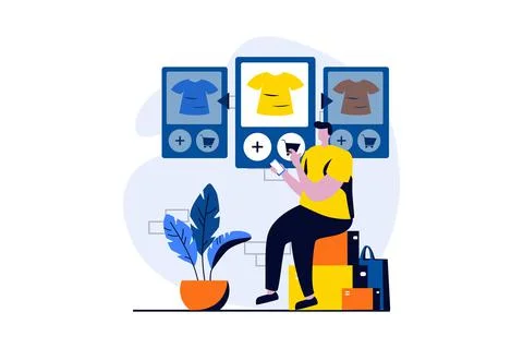 Mobile commerce concept with people scene in flat cartoon design. Man chooses Stock Illustration