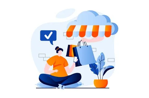 Mobile commerce concept with people scene in flat cartoon design. Woman makes Stock Illustration
