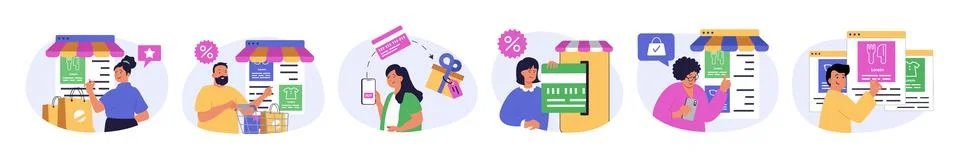 Mobile commerce concept set in flat design for web. Collection with people ma Stock Illustration