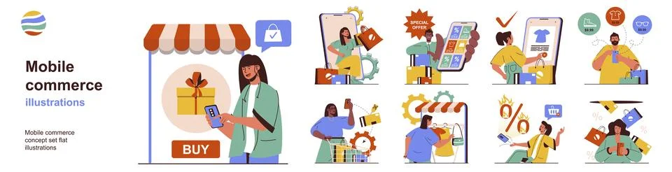 Mobile commerce concept set Stock Illustration