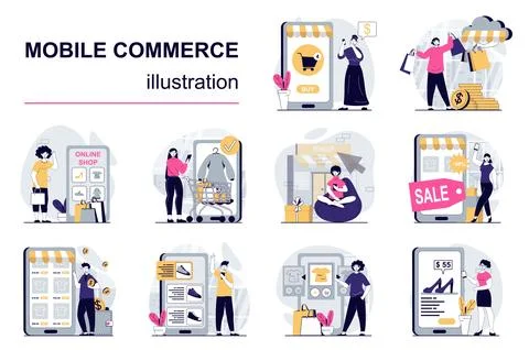 Mobile Commerce Flat Illustrations Stock Illustration