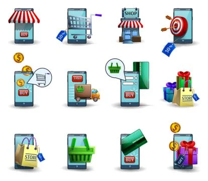 Mobile commerce m-commerce 3d icons set Stock Illustration