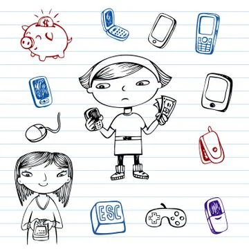 Mobile communication, hipsters doodle set Stock Illustration