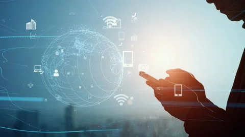 Mobile communication network concept. Business technology. Smart office. GUI (Gr Stock Footage 148594623