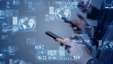 Mobile communication network concept. Digital transforamtion. GUI (Graphical Use Stock Footage 120431797