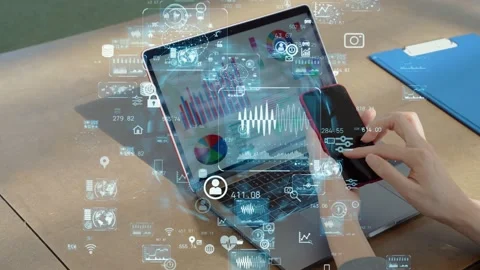 Mobile communication network concept. Digital transforamtion. GUI (Graphical Use Stock Footage 142507975