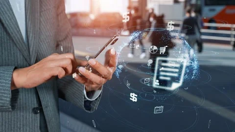 Mobile communication network concept. Man using a smart phone on street. Stock Footage 147793104